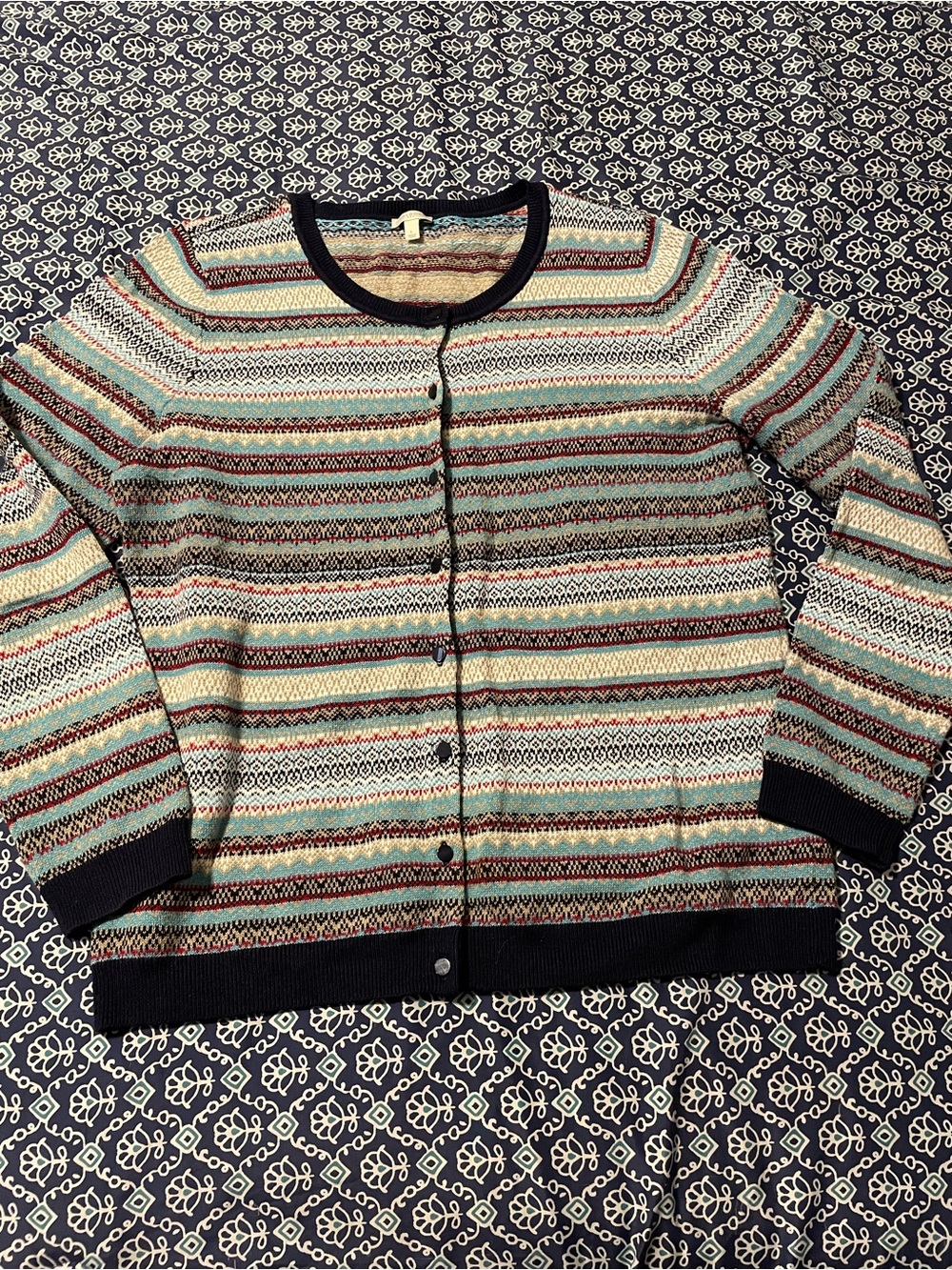Talbots Multicolor Striped Button Cardigan with Navy Trim